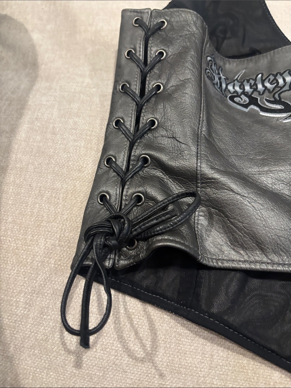 Y2K Harley-Davidson Genuine Gray Leather Corset Halter Top Biker Grunge - Picture 5 of 7